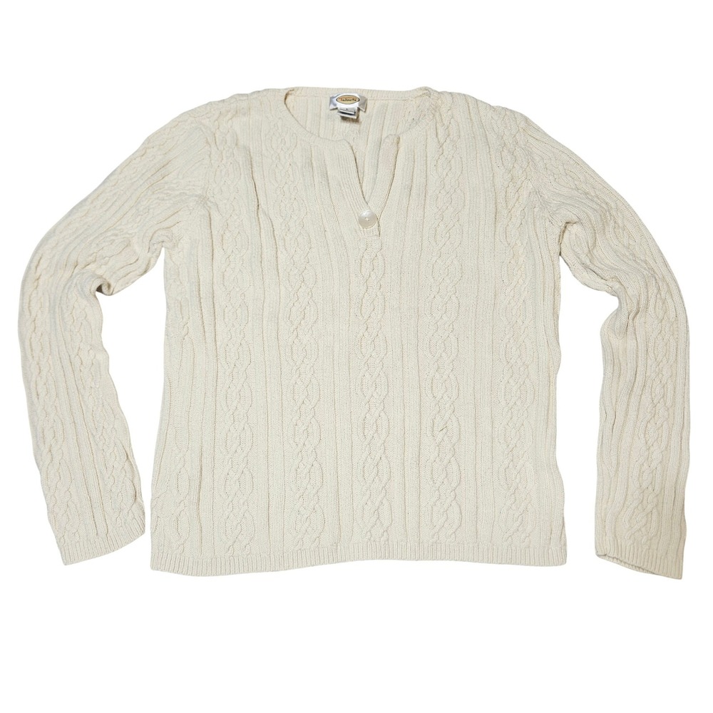 Talbots Ivory Cable Knit Sweater Large Preppy Coastal Old Money Quiet Luxury